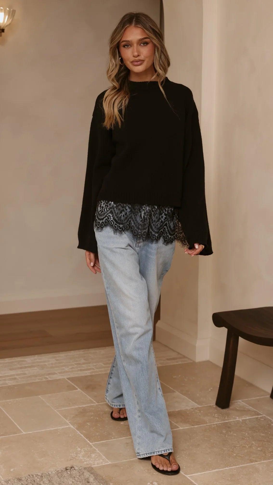 Kylan Lace Trim Sweater Black