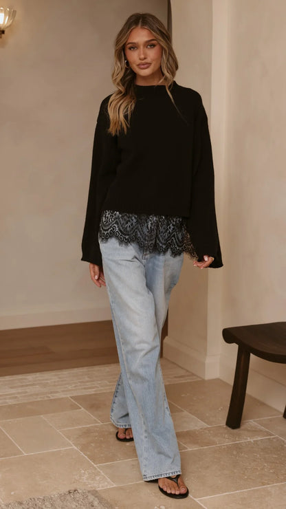Kylan Lace Trim Sweater Black
