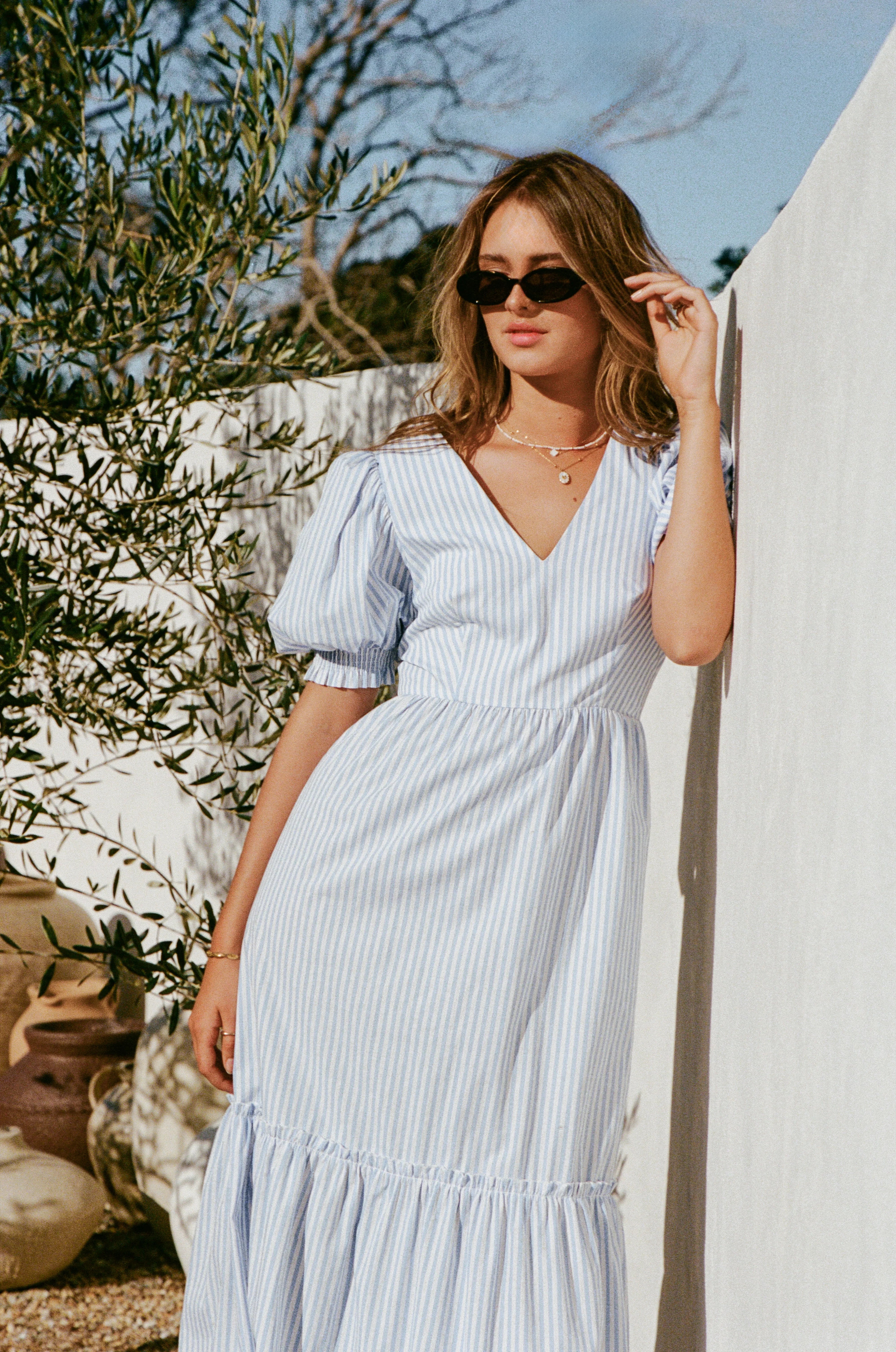Steele Puff Sleeve Midi Dress Blue Stripe