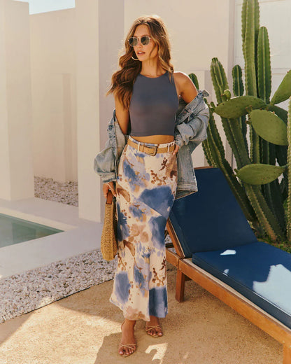 Weekend Grove Watercolor Waist Belt Maxi Skirt