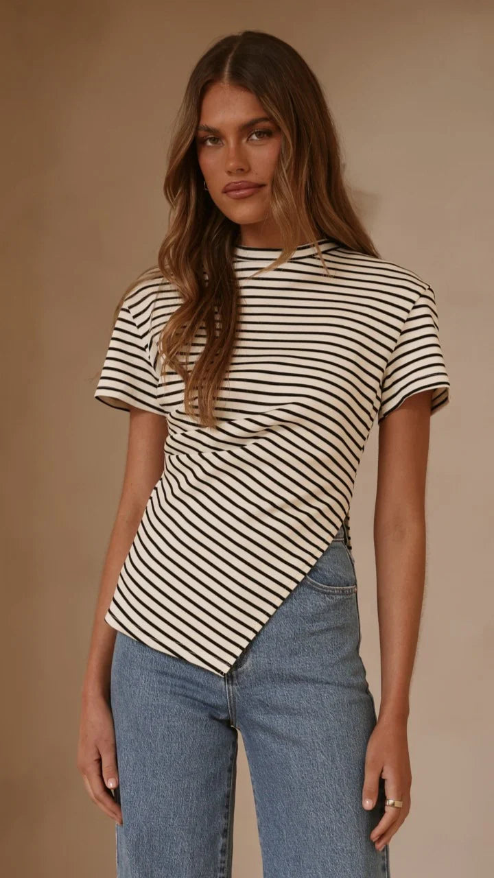 Tiarna Side Ruched Tee Black White Stripe