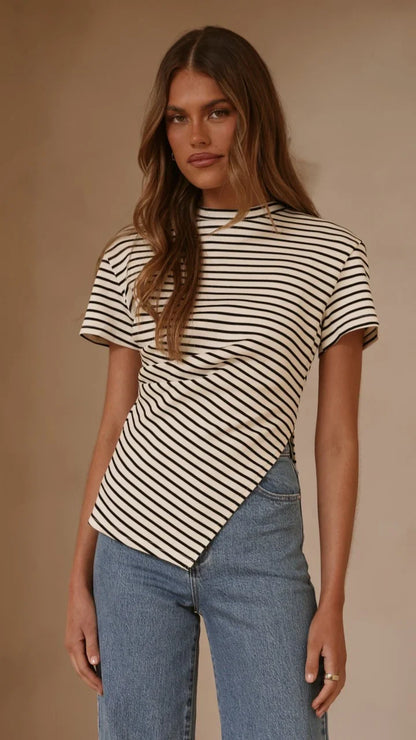 Tiarna Side Ruched Tee Black White Stripe
