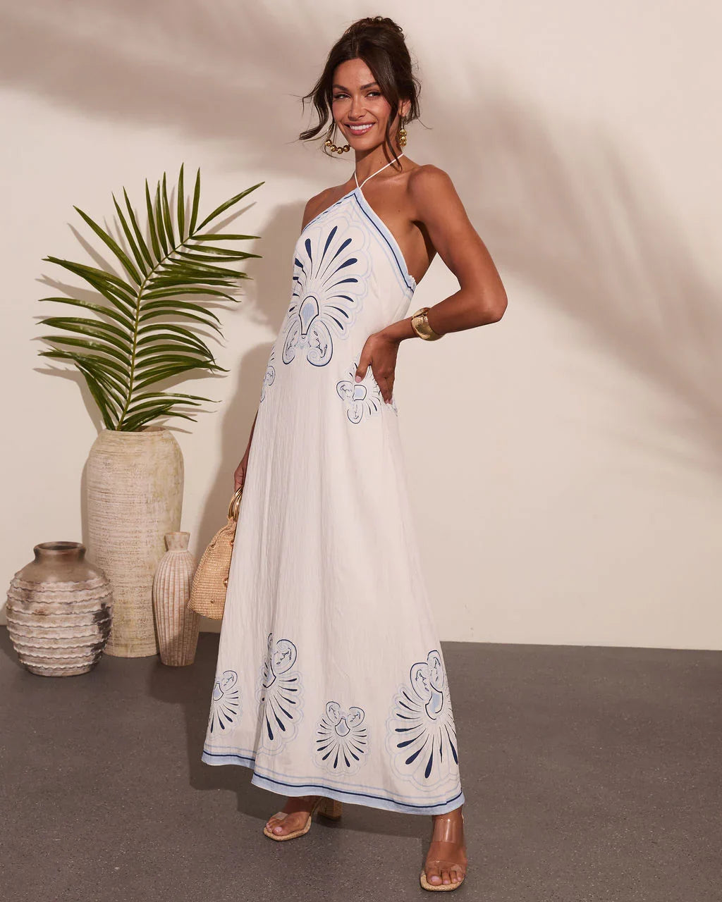 Kirby Abstract Shell Print Halter Neck Maxi Dress