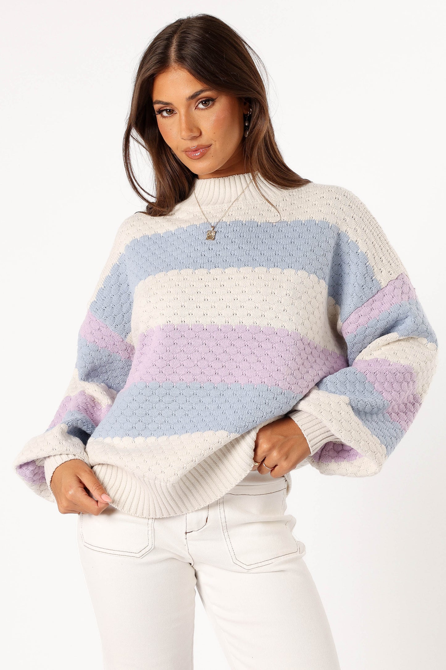 Dani Multi Stripe Knit Sweater White Light Blue
