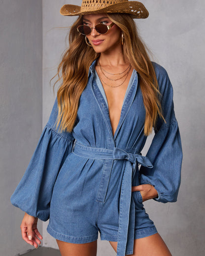 Apple Picking Denim Balloon Sleeve Romper
