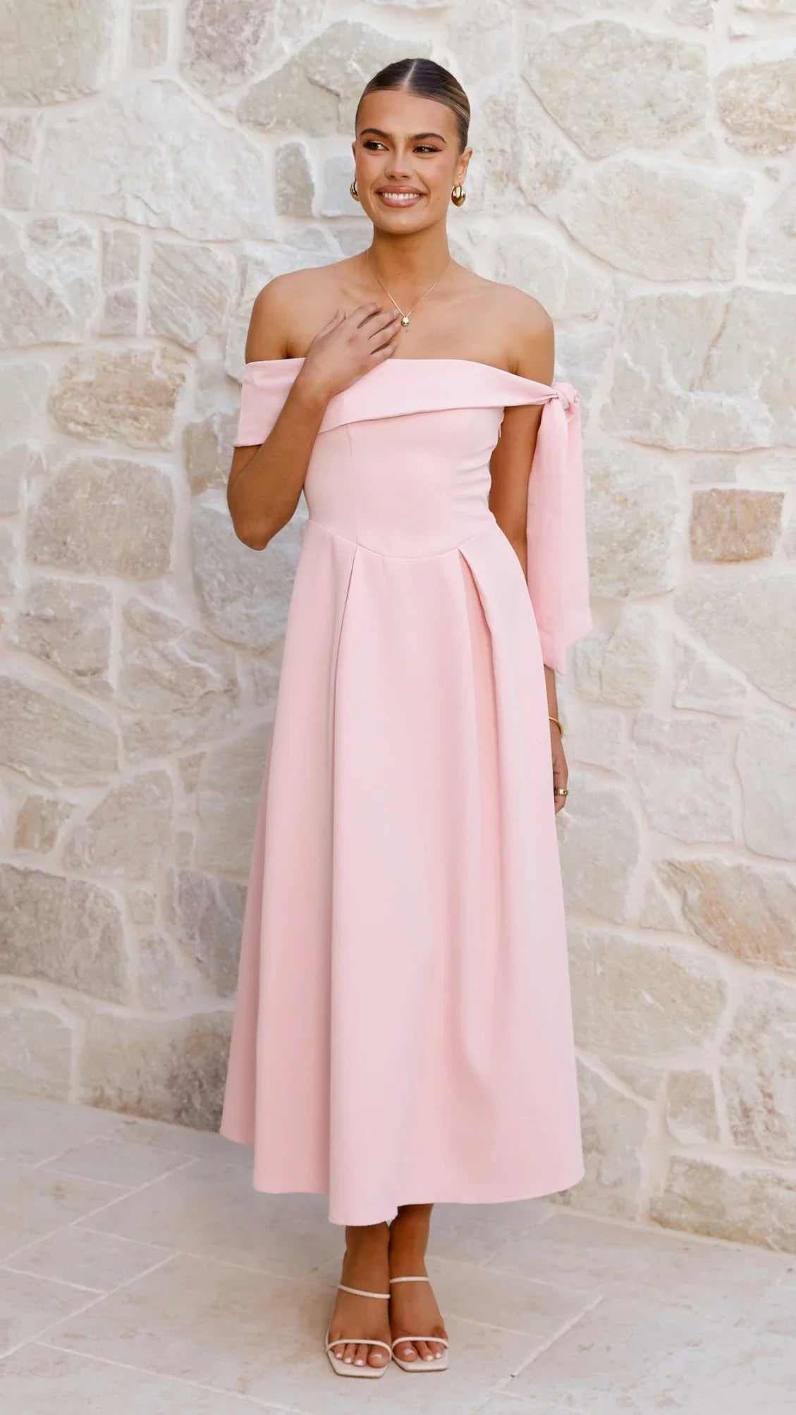 Bentley Off Shoulder Midi Dress Pink