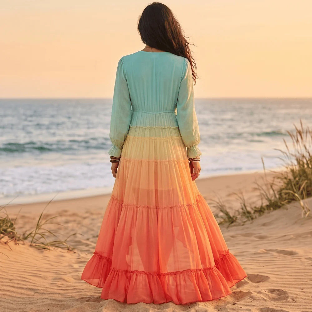 Colorful High Low Long Sleeve Maxi Dress