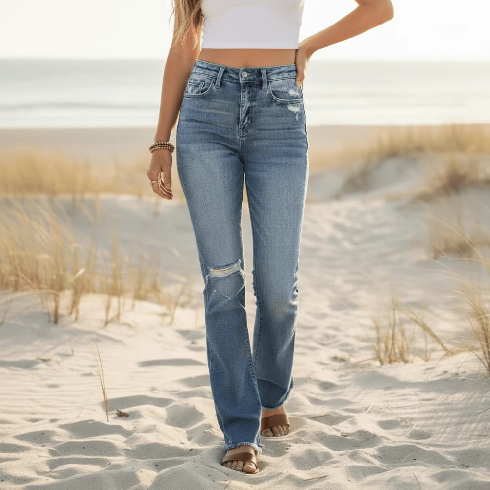 High Waist Ripped Flare Leg Denim Jeans