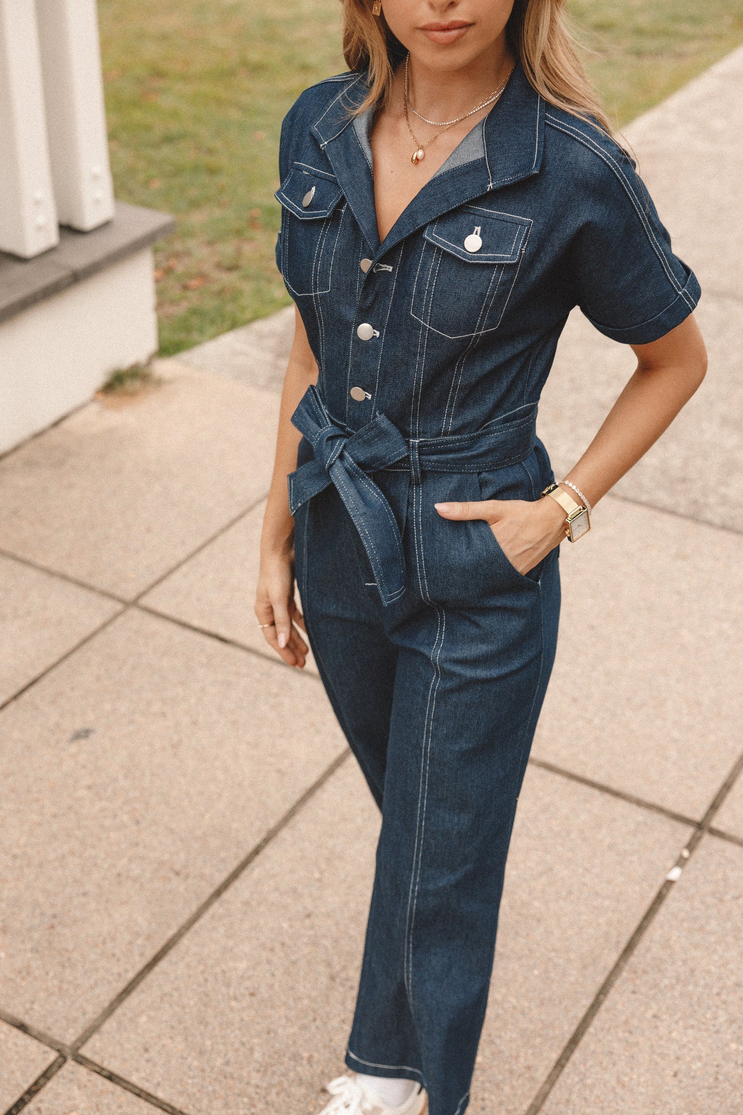 Demi Contrast Stitch Jumpsuit Dark Denim