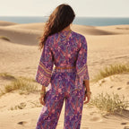 Purple Floral Kimono Wide Leg Pants Set
