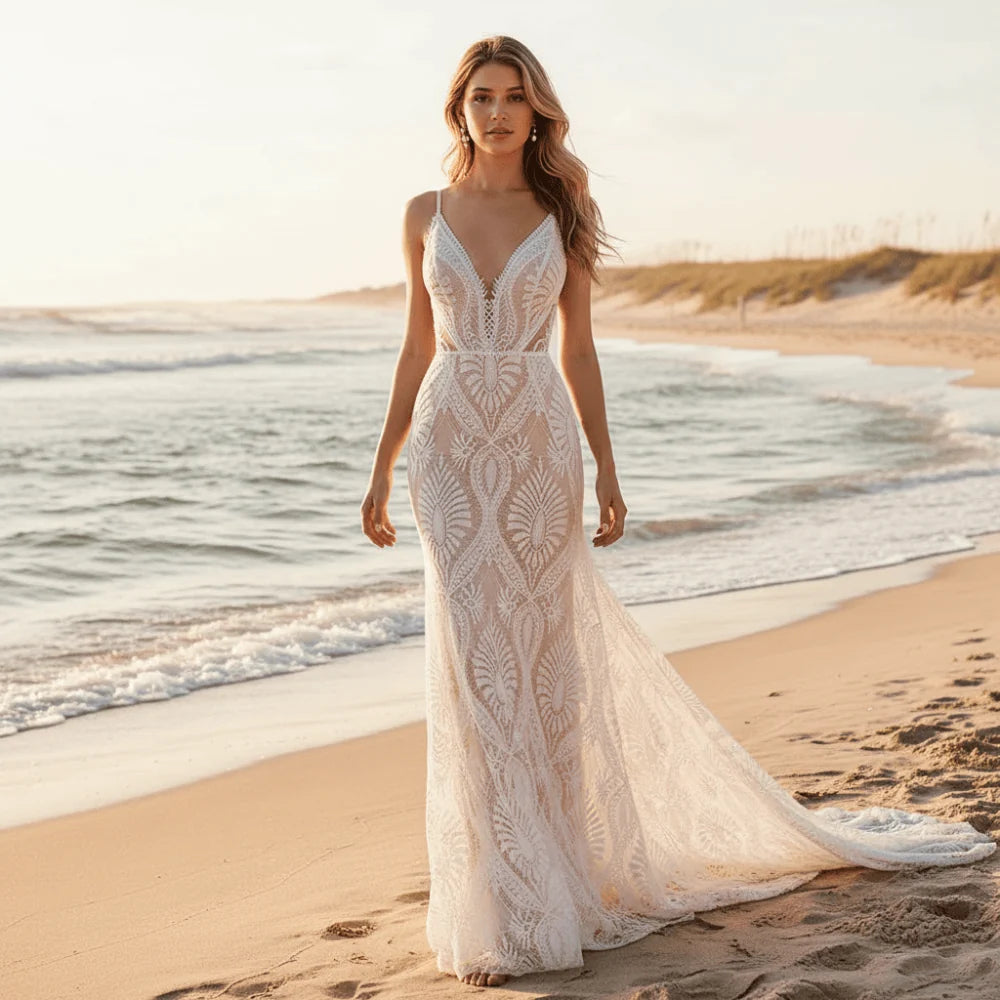 Boho Sweetheart Lace A Line Wedding Dress