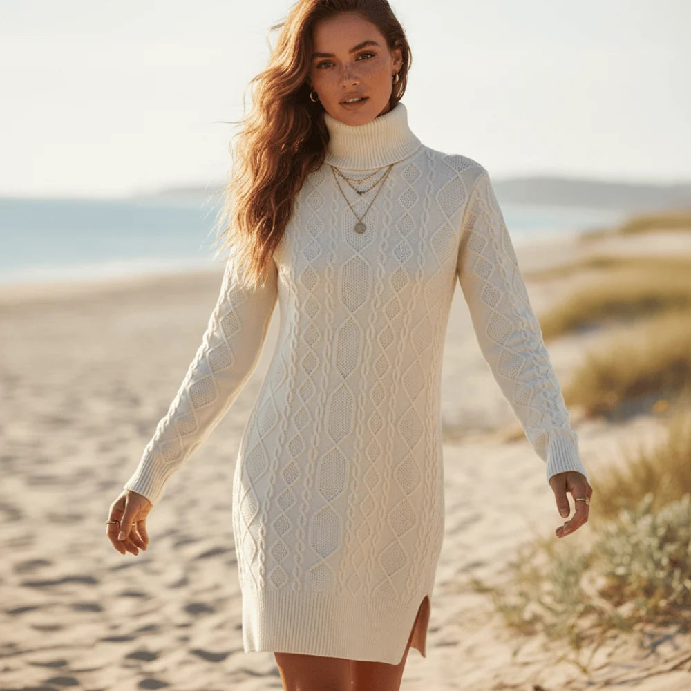 Boho Turtleneck Cable Knit Sweater Dress
