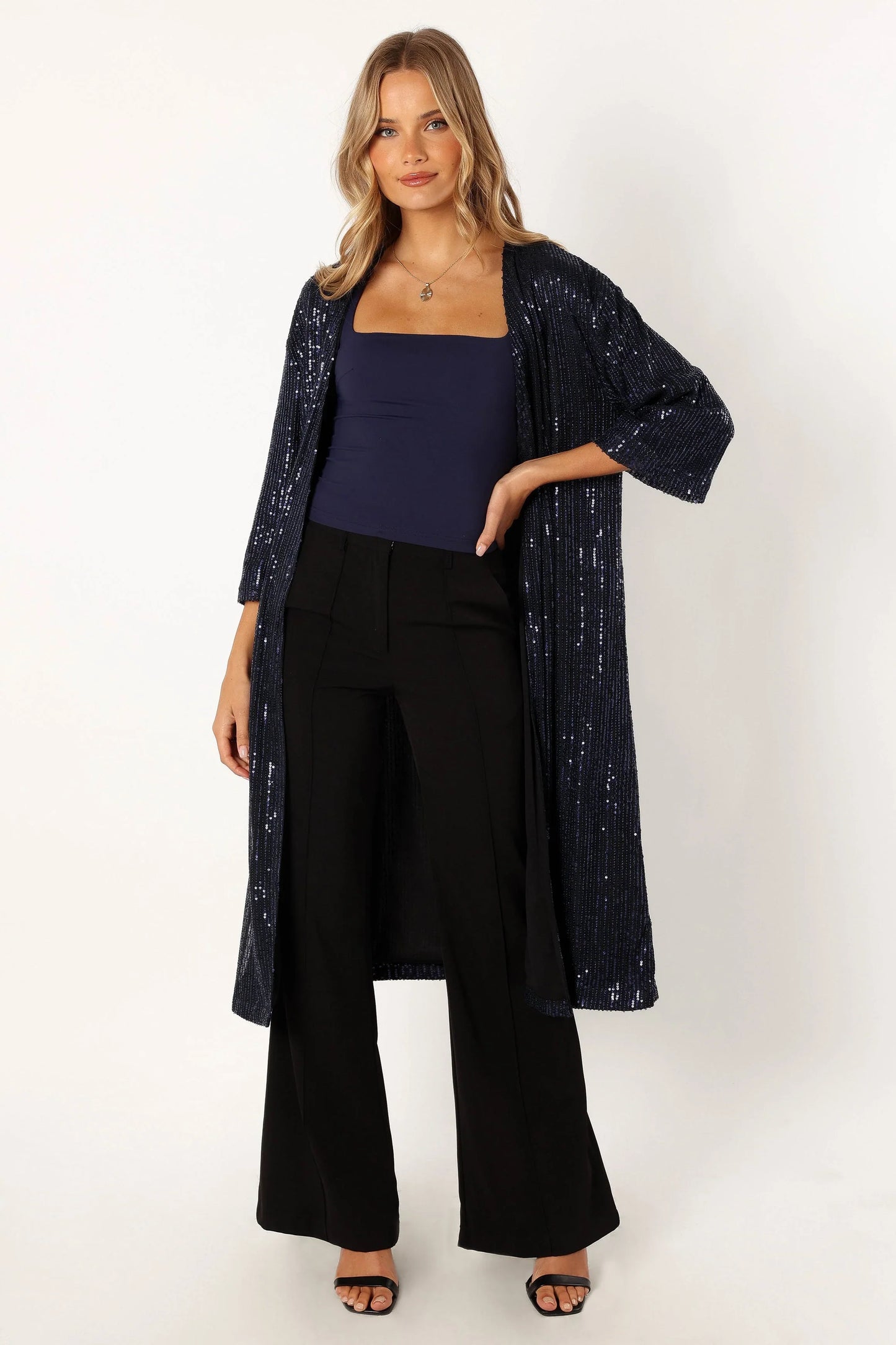 Karsyn Open Front Sequin Duster Navy