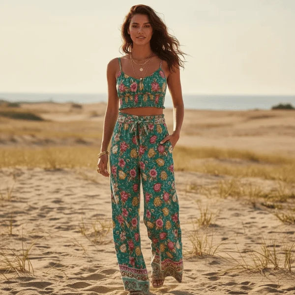 Teal Floral Crop Top Wide Leg Pants Set