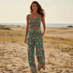 Teal Floral Crop Top Wide Leg Pants Set