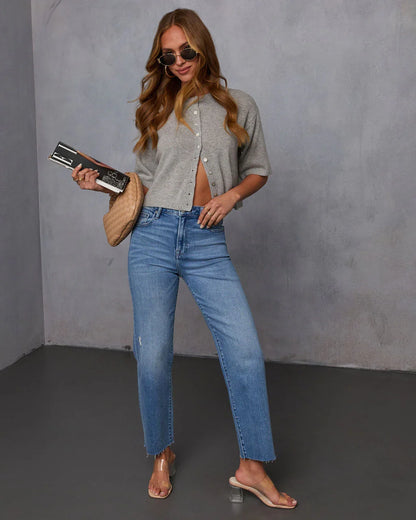 Mikal Super Stretch Frayed High Rise Cropped Jeans