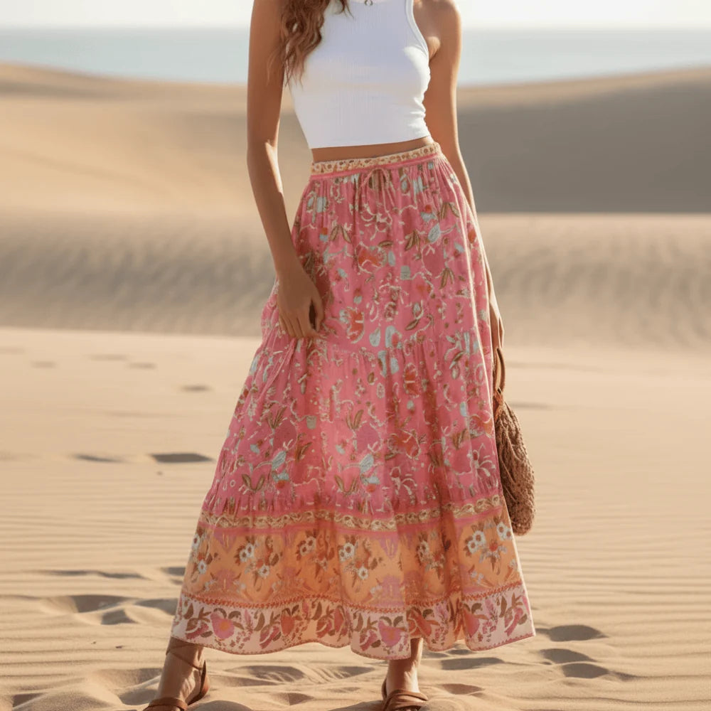 Vintage Pink Floral Boho Maxi Skirt