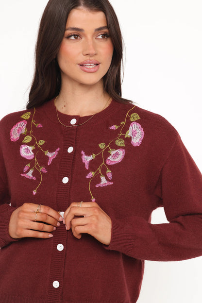 Brittany Placed Embroidery Flower Cardigan Burgundy