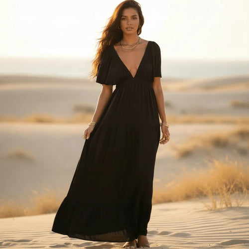 Backless V Neck Short Sleeve Maxi Dress