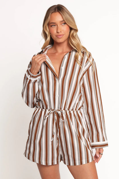 Beau Long Sleeve Romper Chocolate Stripe