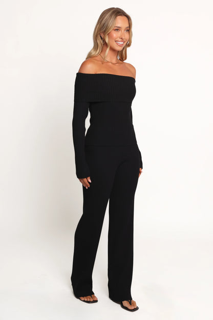 Gindie Ribbed Knit Off The Shoulder Pant Set Black