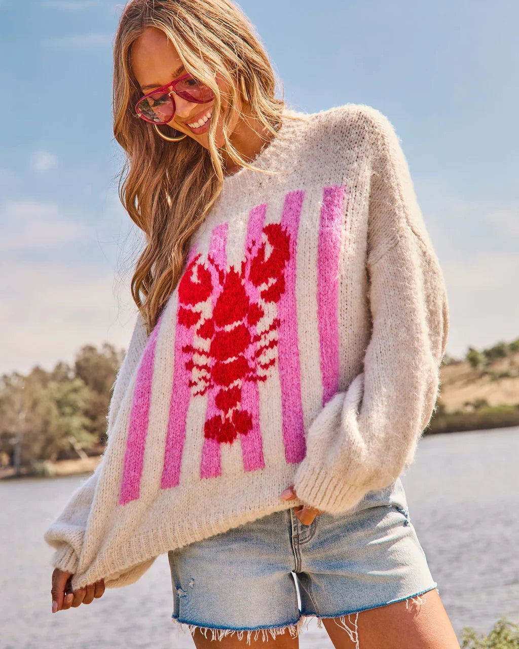 Darling Tide Striped Lobster Print Sweater