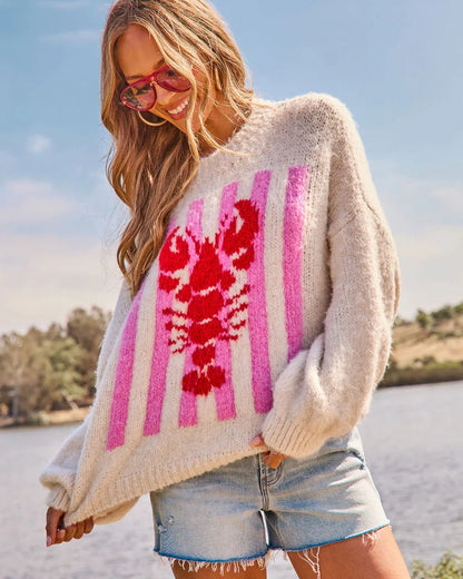Darling Tide Striped Lobster Print Sweater