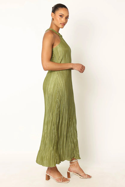 Melody Plisse Halter Maxi Dress Olive