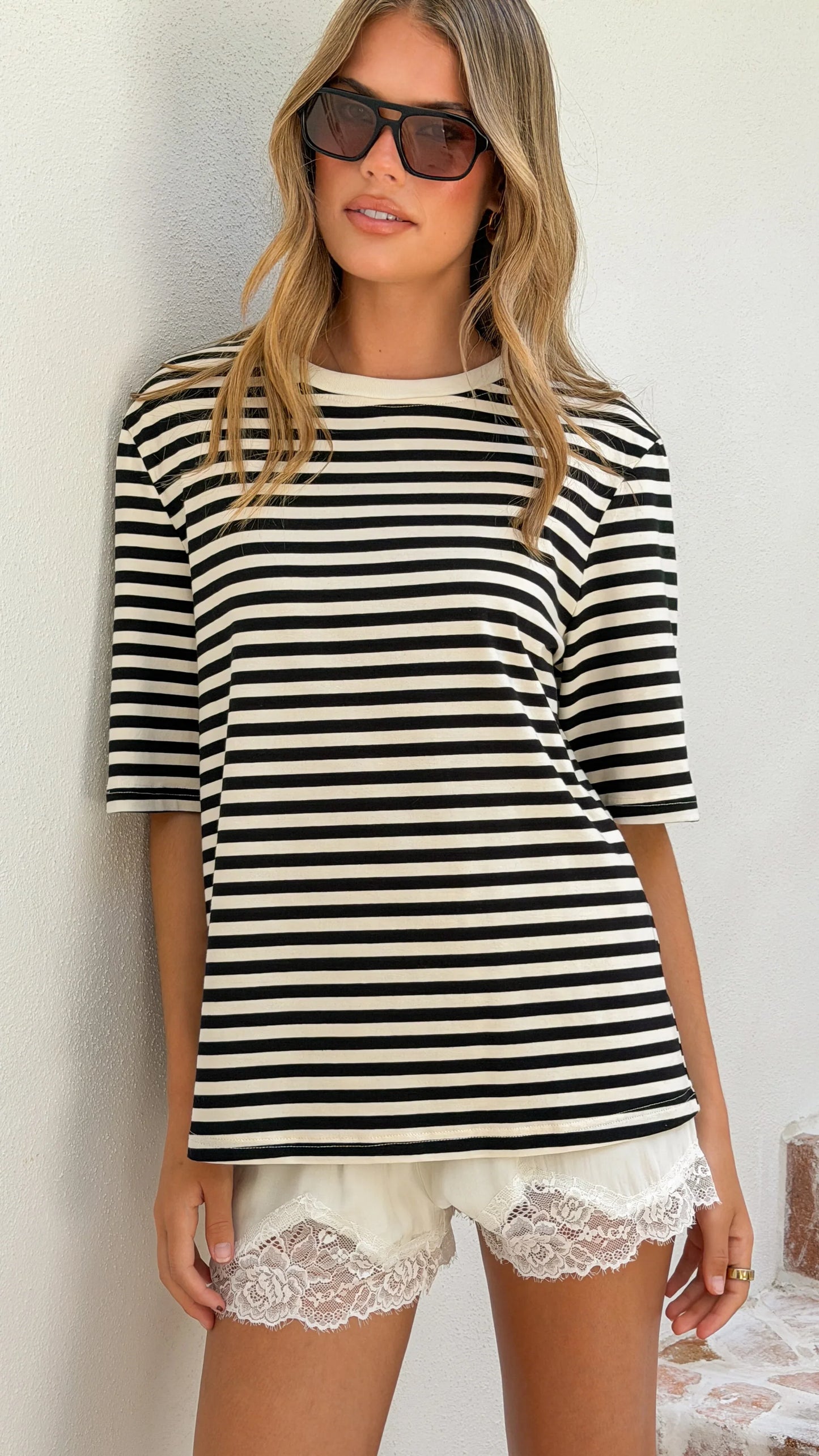 Josie Crew Neck Tee Black White Stripe