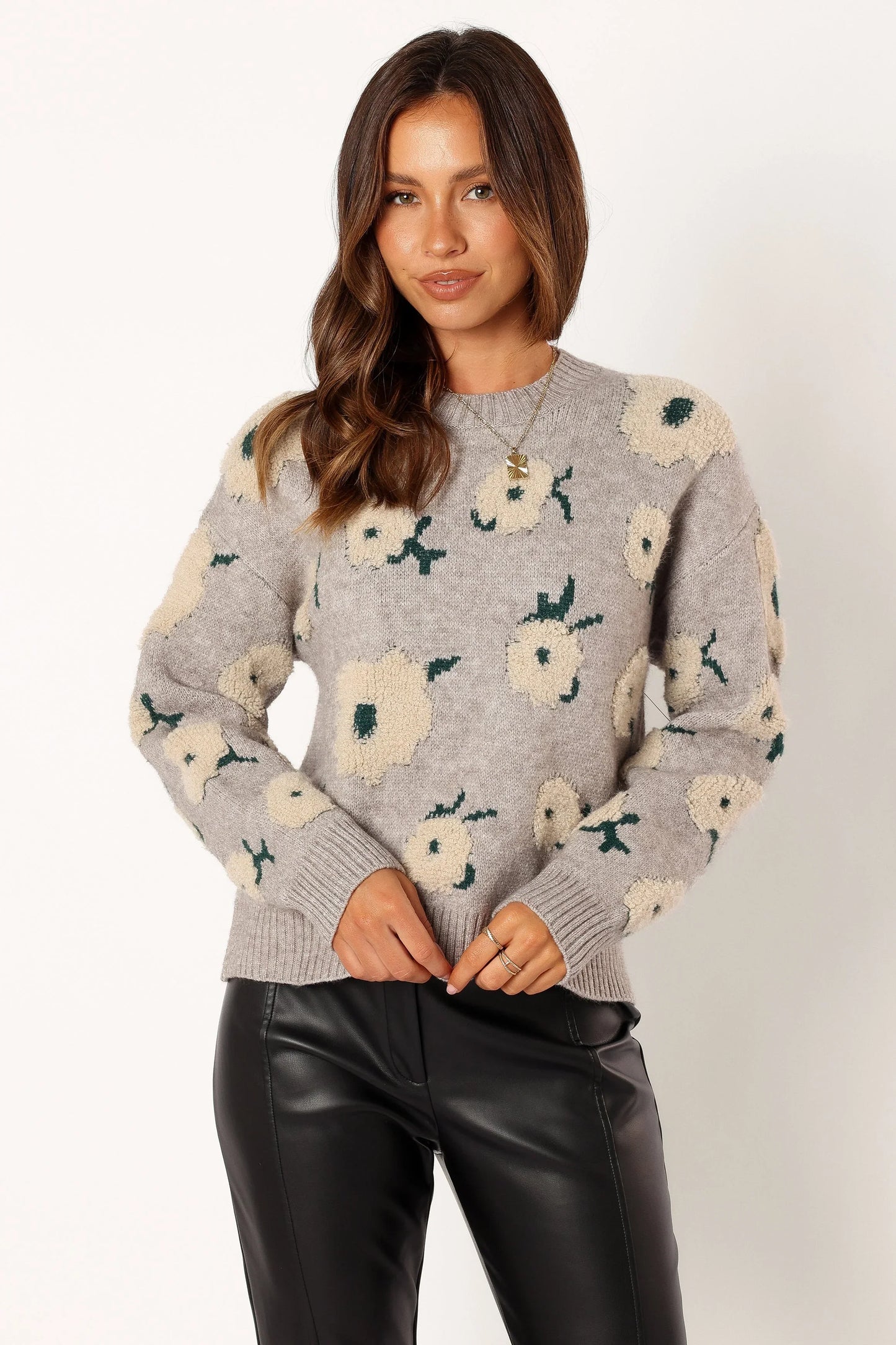 Aubrielle All Over Flower Knit Sweater Grey Green