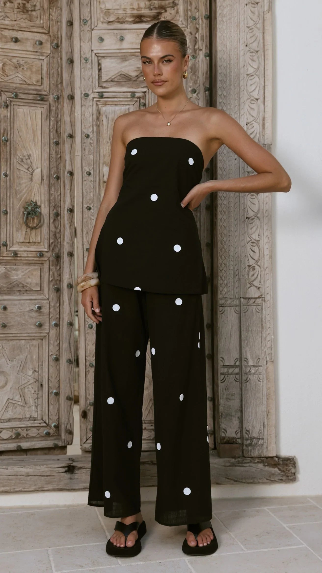 Kailani Strapless Top and Pants Set Black White Polka