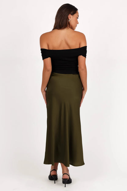 Nellie Satin Midi Skirt Olive