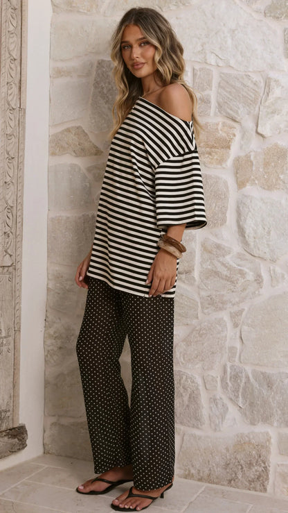 Pia One Shoulder Oversize Tee Black White Stripe
