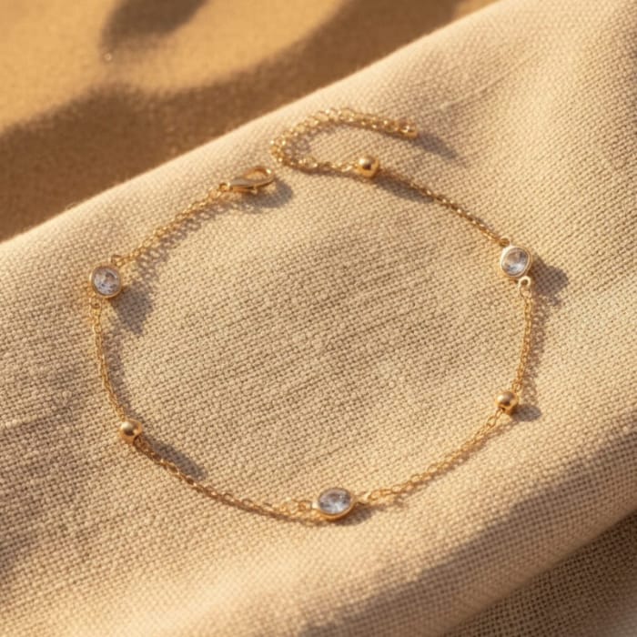 Gold Rhinestone Bead Boho Anklet
