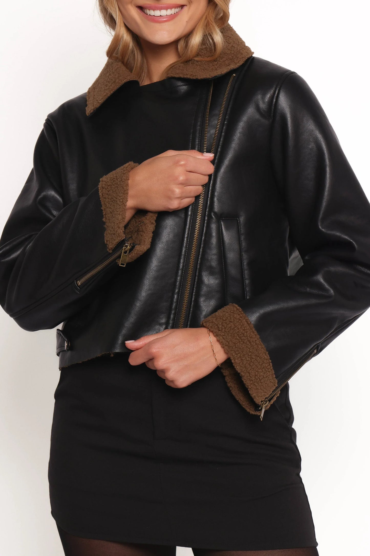 Folk Faux Leather Jacket Black Brown