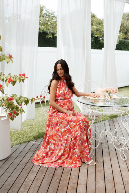 Caroline Maxi Halter Dress Red Orange