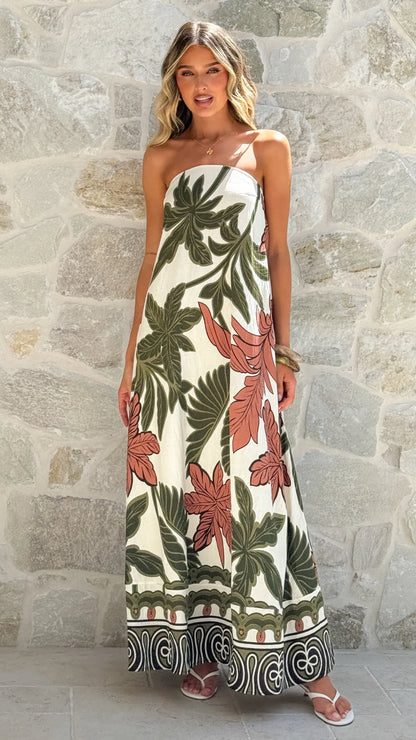 Connie Maxi Dress Green Beige Palm