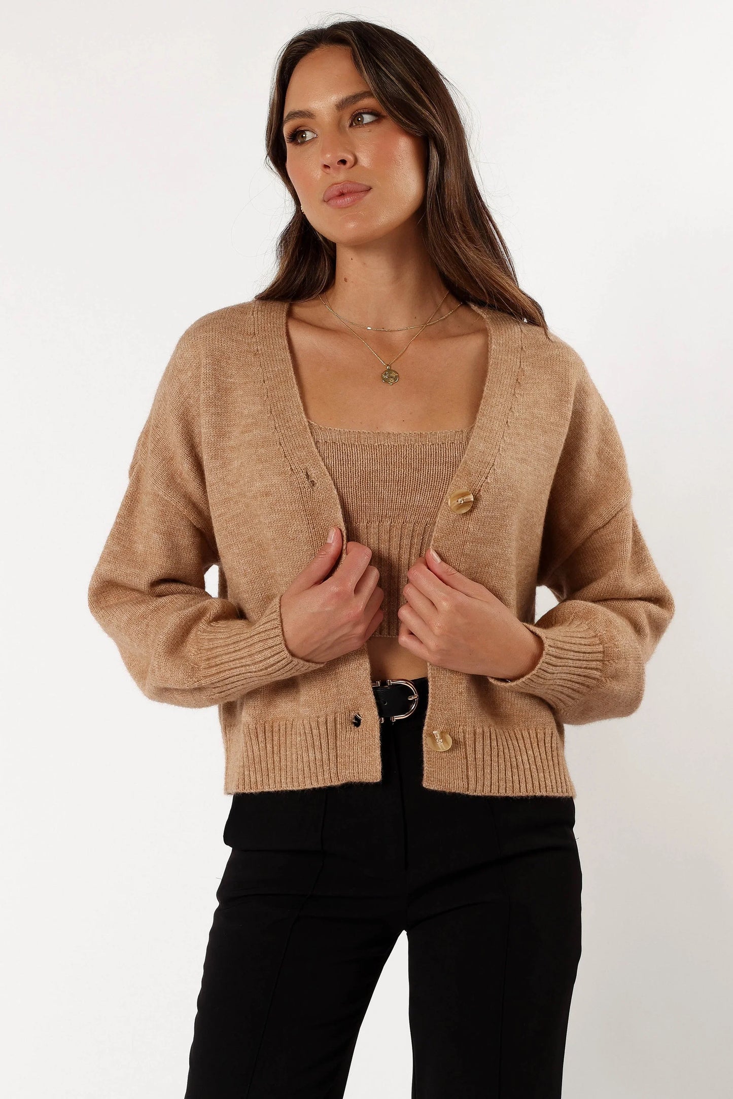 Isabel Button Front Cardigan Beige