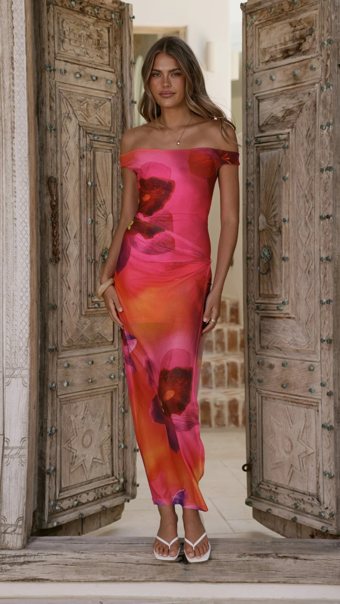 Verne Off Shoulder Maxi Dress Pink Floral
