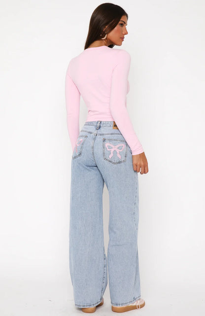 About A Girl Mid Rise Wide Leg Jeans Mid Blue