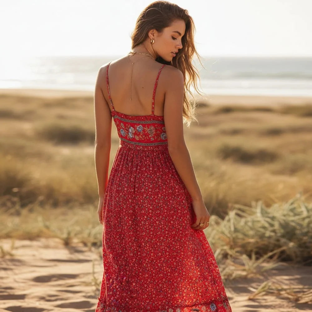 Floral Spaghetti Strap Backless Maxi Dress