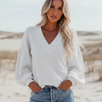 Boho V Neck Lantern Sleeve Knit Top