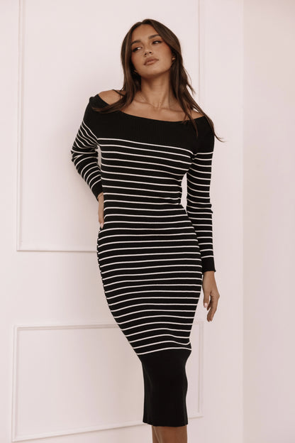 Baxtor Off the Shoulder Midi Dress White Black