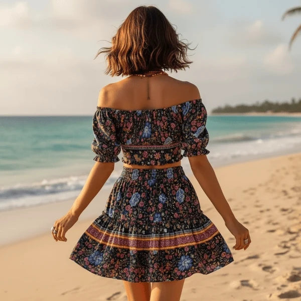 Boho Navy Floral Crop Top Mini Skirt Set
