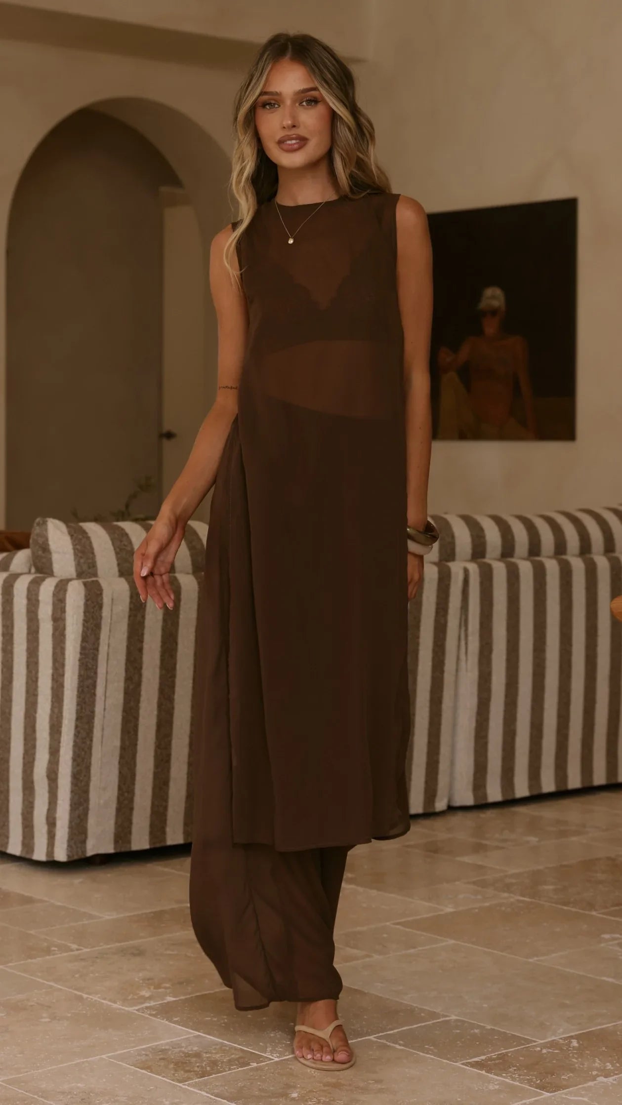 Zaire Long Line Sheer Top and Pants Set Chocolate