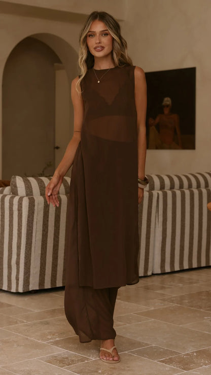 Zaire Long Line Sheer Top and Pants Set Chocolate