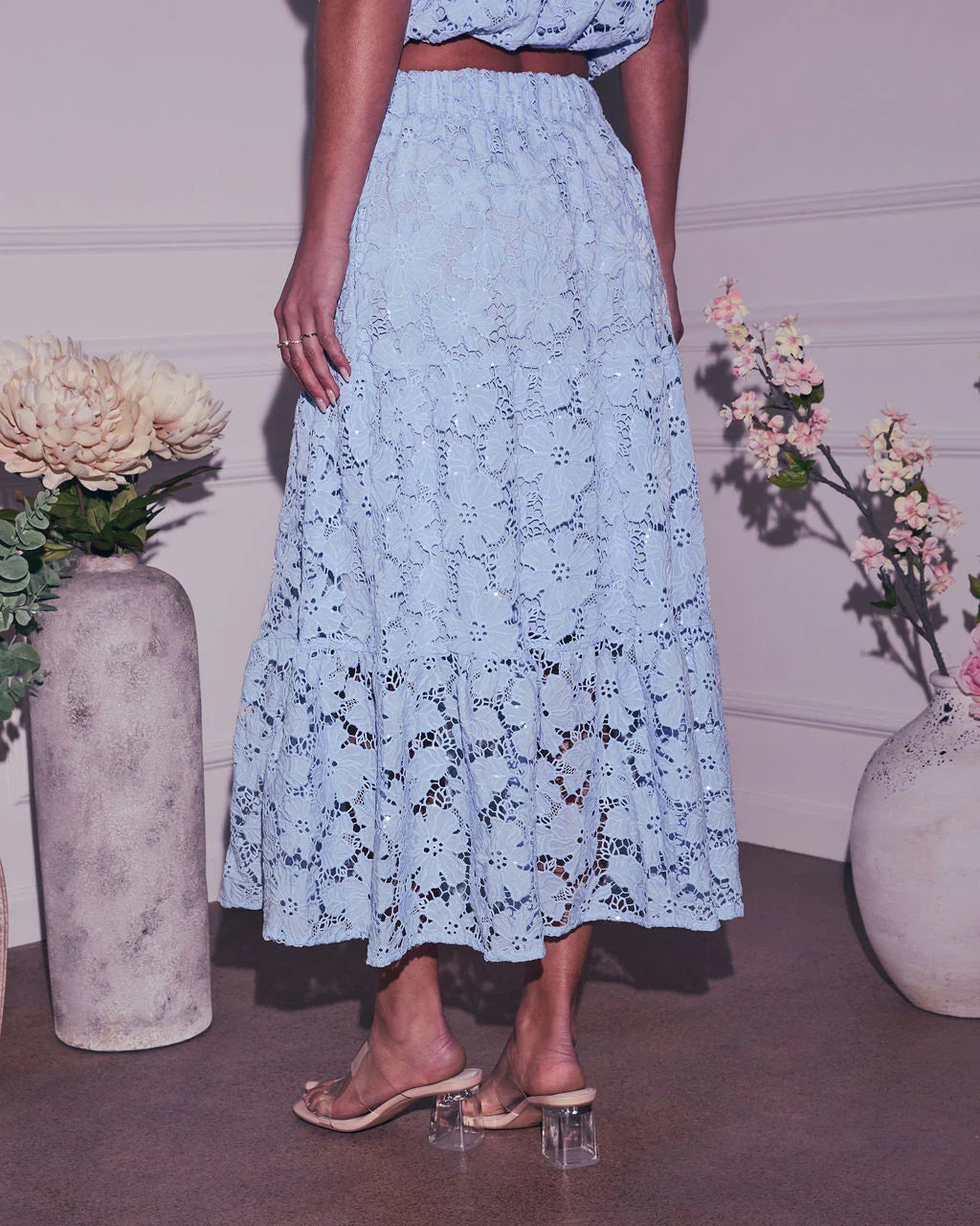 Morning Dew Floral Lace Midi Skirt