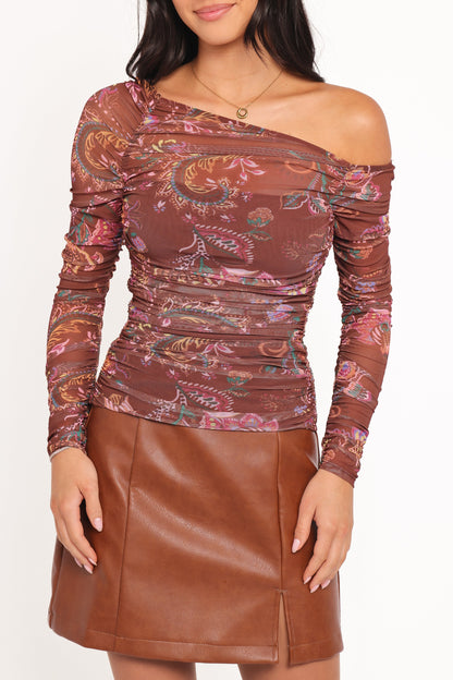 Elfrida Off Shoulder Mesh Top Brown Floral