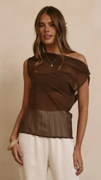Zabella Sheer Off Shoulder Top Chocolate