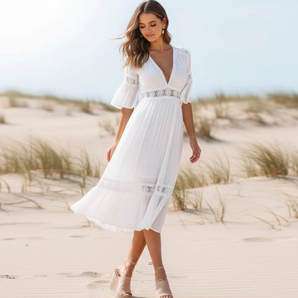 White Lace Midi Dress with Flare Sleeves